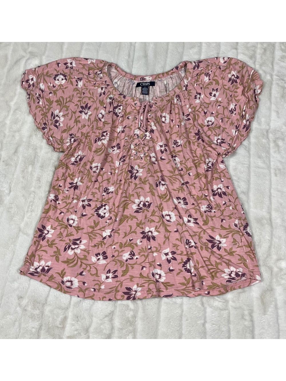 Chaps M Pink Purple Midwest Preppy Lace Up Teacher Casual Spring Floral Top